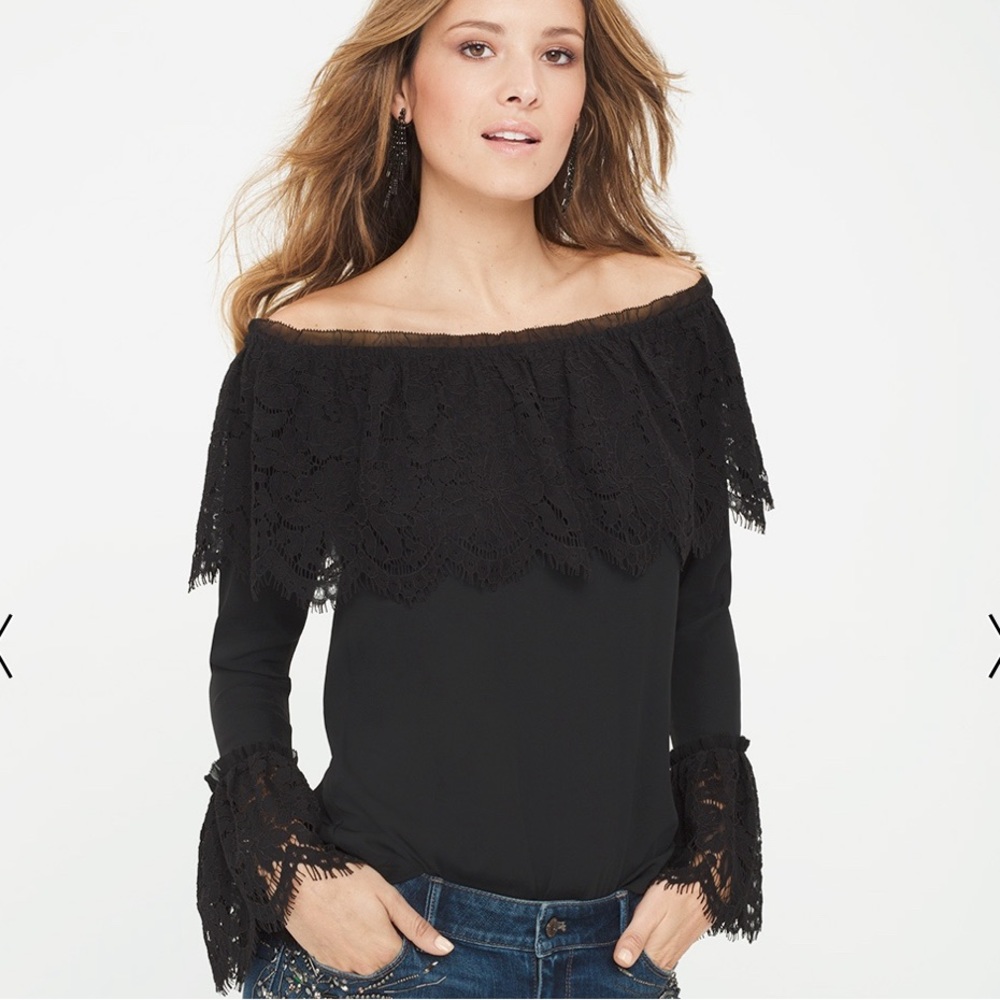 NWT White House Black Market Black Off-The-Shoulder Lace Trim Top S